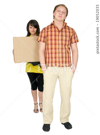 Woman and man bear the big cardboard box Woman and man bear the big cardboard box 19052035