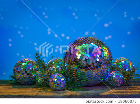Christmas Mirror balls on wooden background Christmas Mirror balls on wooden background 19060873