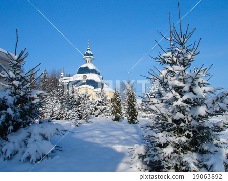 Winter snowy landscape with fur-trees and church Winter snowy landscape with fur-trees and church 19063892