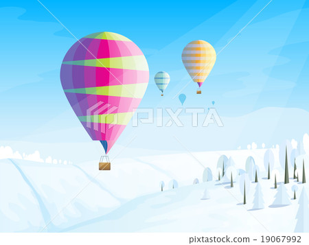 Winter landscape with flying balloons in the sky 19067992