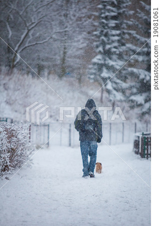 Man and dog in snow Man and dog in snow 19081061