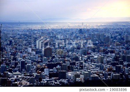 從三角山看到的早晨太陽照亮的札幌的冬天風景 19083896