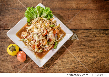 Somtum, papaya salad with shrimp, spicy Thai food 19083992