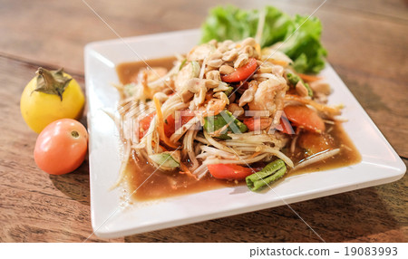 Somtum, papaya salad with shrimp, spicy Thai food 19083993
