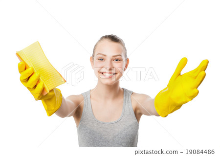 beautiful woman in yellow rubber gloves over white 19084486