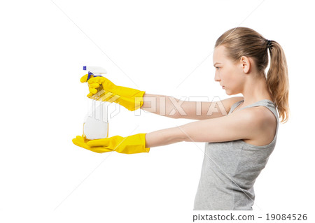 beautiful woman in yellow rubber gloves over white beautiful woman in yellow rubber gloves over white 19084526