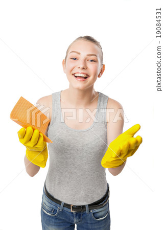 beautiful woman in yellow rubber gloves over white beautiful woman in yellow rubber gloves over white 19084531