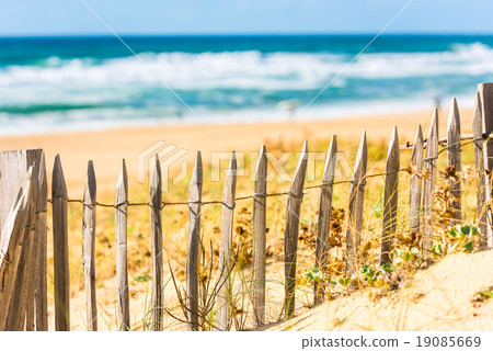 Wooden fence on an Atlantic beach in France 19085669