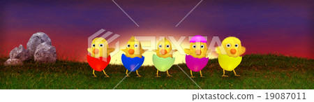 Easter eggs and chickens on meadow  19087011