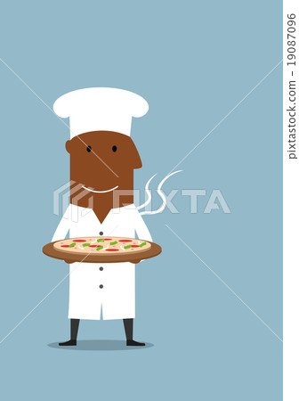 Black chef carrying vegetarian pizza on tray 19087096