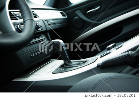 Modern car interior, gearstick close up photo 19105201