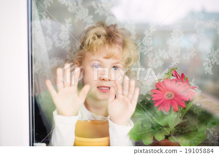 Adorable little girl looking through the window Adorable little girl looking through the window 19105884