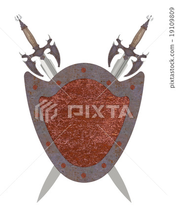 Two old swords with rusty shield 19109809
