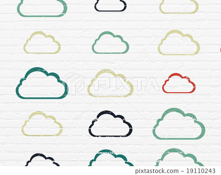 Cloud networking concept: Cloud icons on wall Cloud networking concept: Cloud icons on wall 19110243