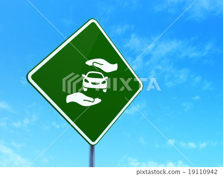 Insurance concept: Car And Palm on road sign Insurance concept: Car And Palm on road sign 19110942