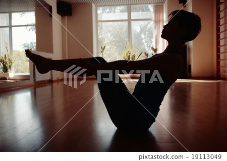 fitness girl yoga silhouette in the room fitness girl yoga silhouette in the room 19113049