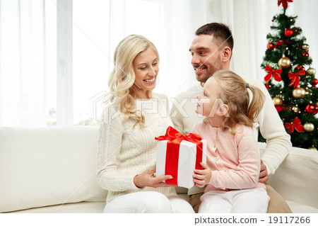 happy family at home with christmas gift box happy family at home with christmas gift box 19117266