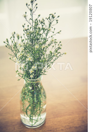 Cutter flowers in glass on the wooden table (Vintage filter eff 19120807