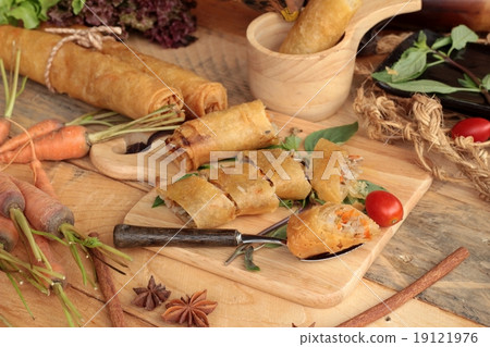 Fried spring rolls traditional for appetizer food. 19121976