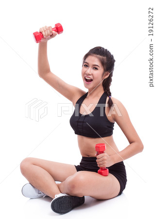Young woman doing exercise with lifting weights 19126272