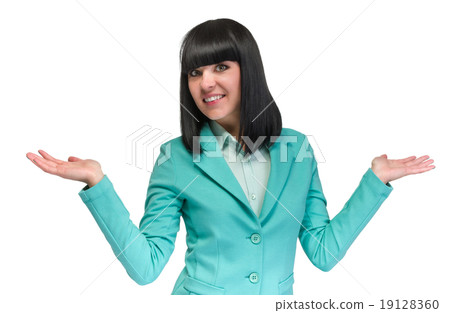 Business woman presenting a copyspace. Isolated on 19128360