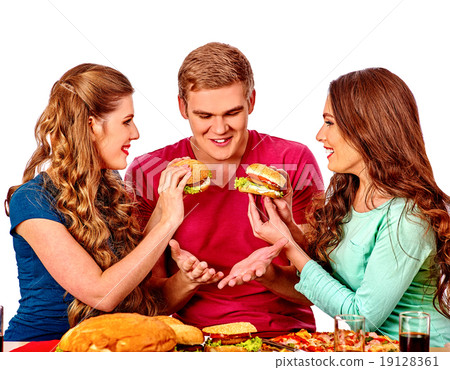 Group people holding big hamburgers . 19128361