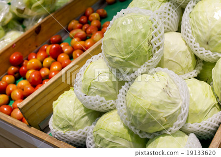 Booth with vegetables at the market, cabbages 19133620