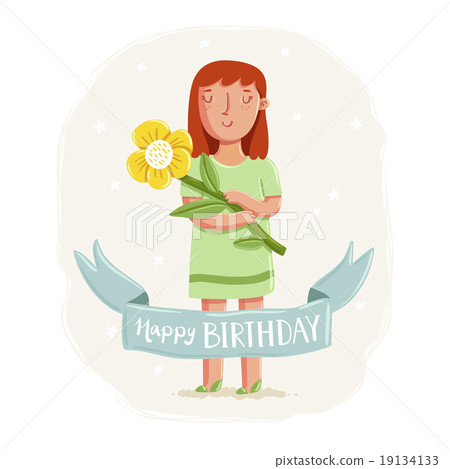 Happy birthday card with a girl holding a flower 19134133