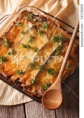 Greek moussaka with eggplant closeup in dish 19136005
