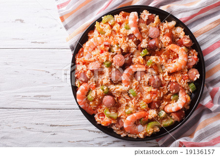 Creole jambalaya with shrimp and sausage top view 19136157