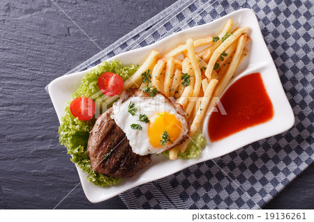 Grilled beefsteak, fried egg and French fries Grilled beefsteak, fried egg and French fries 19136261