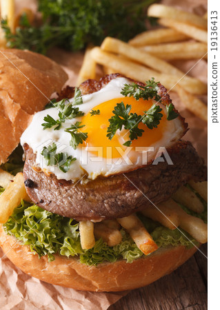 Sandwich with steak, fried egg and French fries 19136413