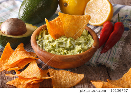 Corn nachos and guacamole sauce and ingredients 19136767