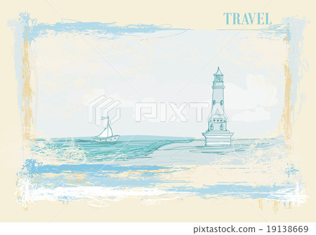 lighthouse seen from a tiny beach - Grunge Poster 19138669