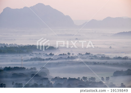 Foggy morning landscape. Hpa An, Myanmar 19139849