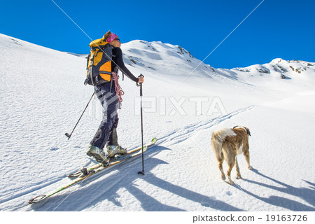 Girl makes ski mountaineering with dog. 19163726