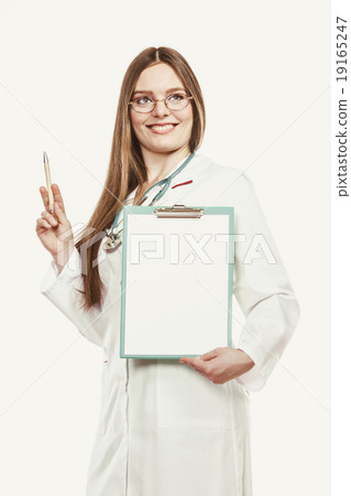 Woman doctor with stethoscope, clipboard and pen. Woman doctor with stethoscope, clipboard and pen. 19165247