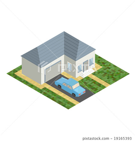 White isometric house with blue car White isometric house with blue car 19165393
