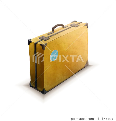 Yellow suitcase with sticker, realistic icon 19165405