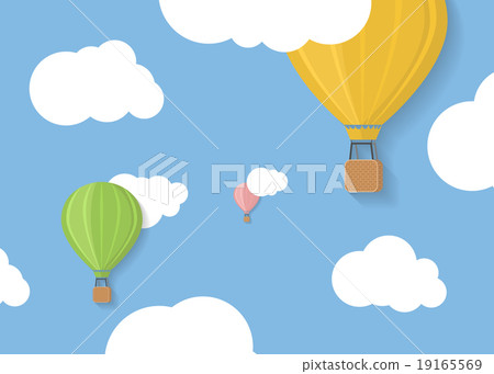 Three coloured aerostats in blue skies Three coloured aerostats in blue skies 19165569