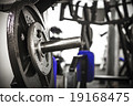 Gym interior close up, machinery and weightlifting 19168475