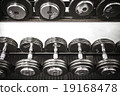 Gym interior close up, machinery and weightlifting 19168478