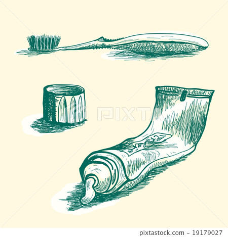 Hand drawn tube of toothpaste, cap and toothbrash Hand drawn tube of toothpaste, cap and toothbrash 19179027