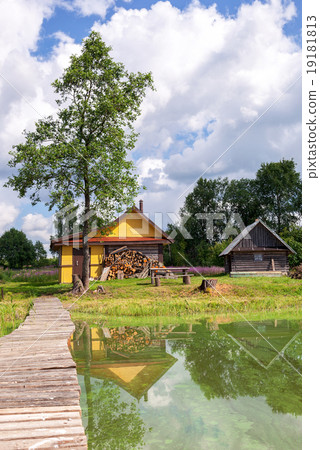 russian wooden baths at the bank of lake  19181813