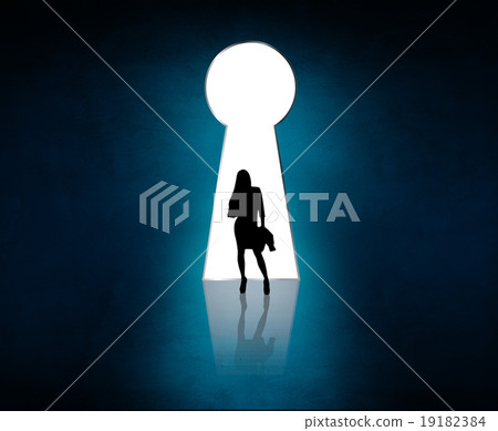 Silhouette stands near big keyhole exit.  19182384