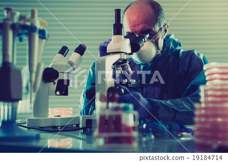 scientist looking at microscope in chemistry laboratory 19184714