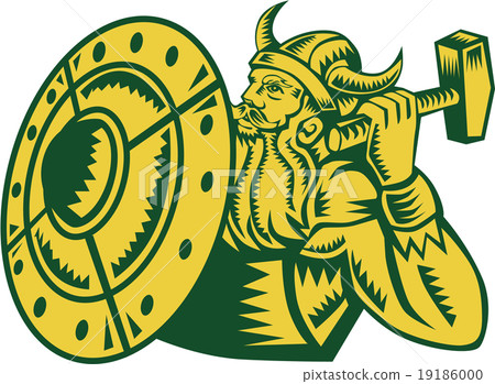 Viking Warrior Hammer Shield Woodcut 19186000