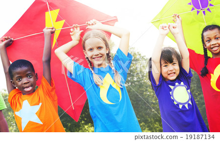 Children Flying Kite Playful Friendship Concept 19187134