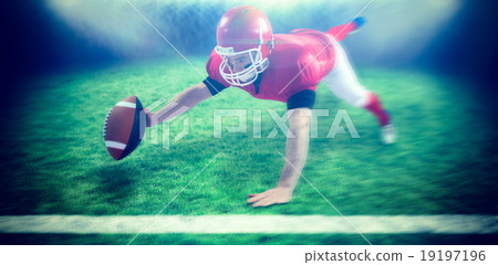 Composite image of american football player reaching football 19197196