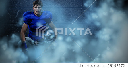 Composite image of portrait of serious sportsman with hand on kn 19197372